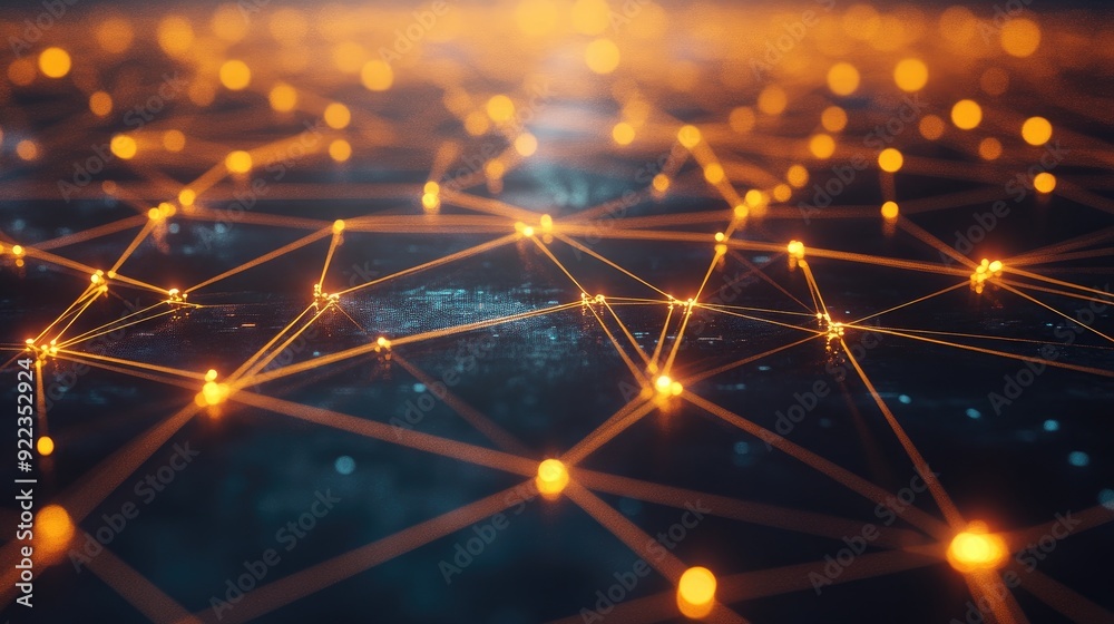 Poster abstract digital grid with glowing nodes representing a connected business network.