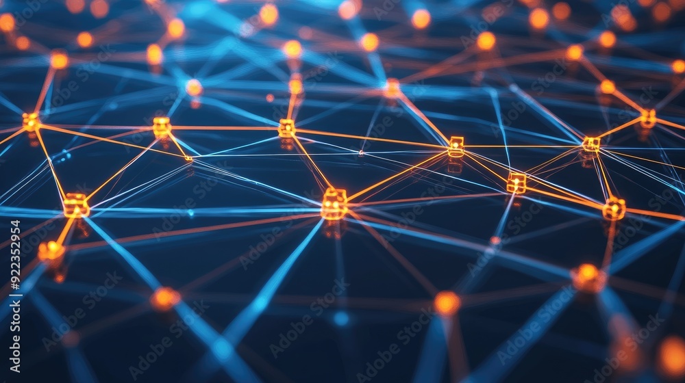 Poster abstract digital grid with glowing nodes representing a connected business network.