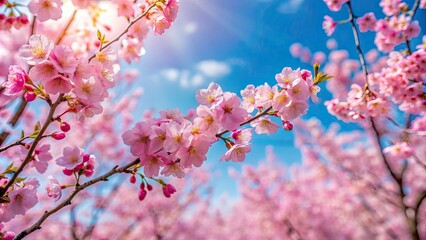 Beautiful spring cherry blossom trees with delicate pink flowers blooming against a soft blue sky background, cherry blossom