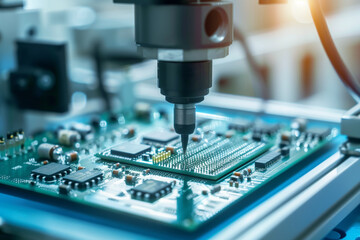 A drill is being used to create connections on an electronic circuit board in a manufacturing facility