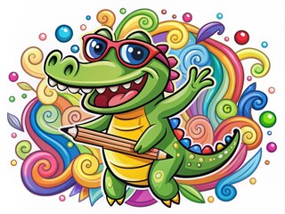 Colorful illustration of a smiling cartoon alligator wearing sunglasses and holding a pencil, surrounded by colorful shapes and swirls in a fun, playful design.