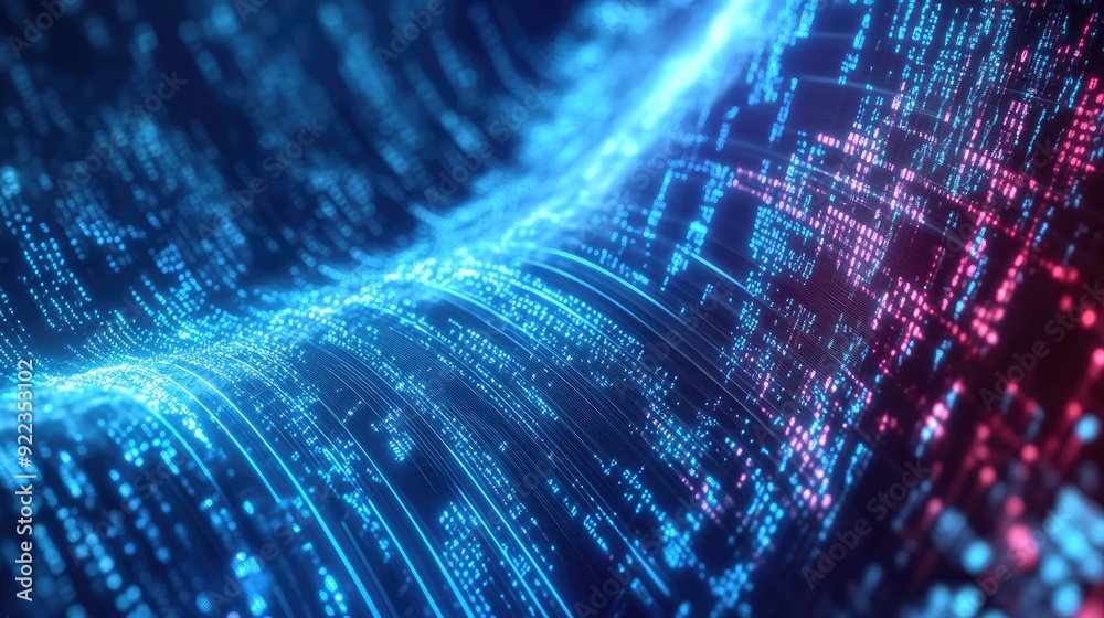 Poster abstract digital waveforms representing the flow of business data in a high-tech environment.