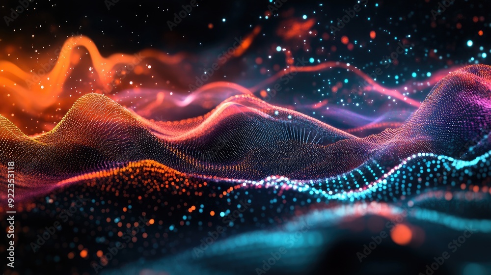Poster abstract digital waveforms representing the flow of business data in a high-tech environment.