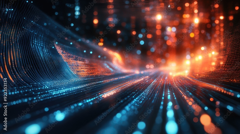 Poster abstract digital waveforms representing the flow of business data in a high-tech environment.