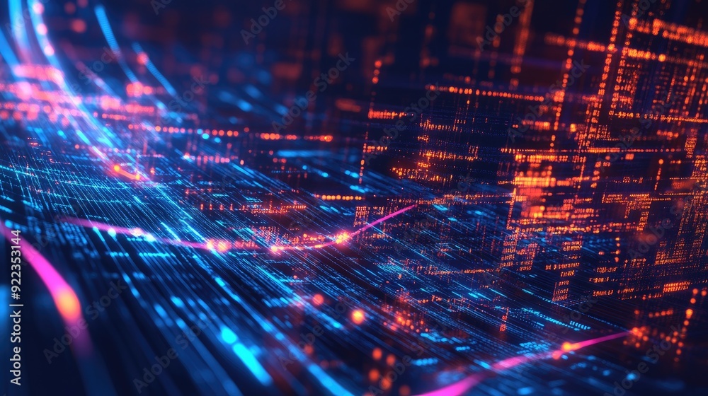 Poster abstract digital waves and circuits representing data transfer in a business environment. -