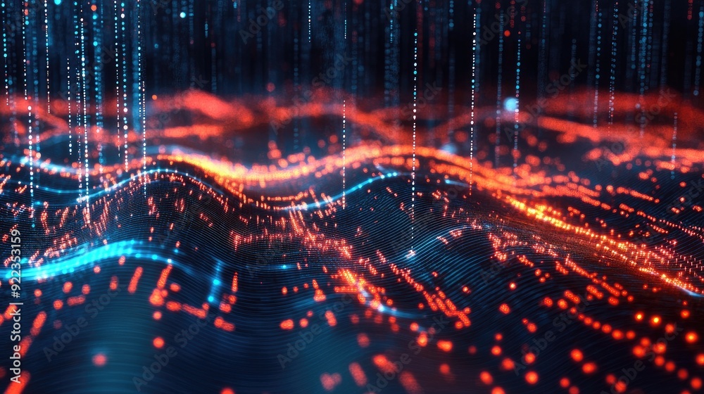 Poster abstract digital waves and circuits representing data transfer in a business environment. -