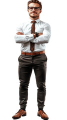 Fototapeta premium Isolated, transparent, no background, Confident Businessman in Formal Attire Standing with Arms Crossed