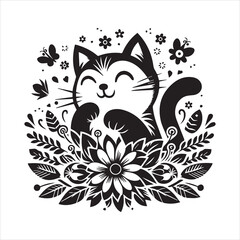 A cat and a plant in an illustrated frame  silhouette vector with white background