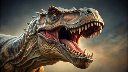 Obraz premium Fearsome Tyrannosaurus Rex illustration with open mouth, sharp teeth, and intense gaze, set against a simple background, conveying primal power and ferocity.