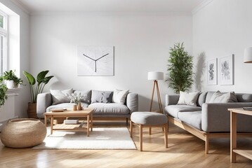 A living room with a white wall and a large window. The room is furnished with a couch, a coffee table, and a potted plant. There are also two chairs and a vase on the coffee table