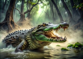 Fototapeta premium A massive green crocodile emerges from murky swamp waters, its razor-sharp teeth bared in a menacing snarl, surrounded by twisted mangrove roots and eerie fog.