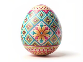 Vibrant pastel hues and abstract geometric patterns adorn a stylized Easter egg, symbolizing joy and renewal, against a crisp white background, perfect for spring celebrations.
