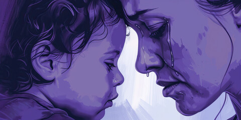 Fototapeta premium A mother's tear-streaked face, etched with anguish and pain as she clutches her child close to her heart. 