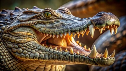 Fototapeta premium Fierce predator reveals razor-sharp teeth and powerful jaws in a menacing close-up portrait of a crocodile, showcasing its ancient, armored scales and primal intensity.