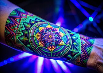 Intricate geometric tattoo design glows vibrantly under blacklight, showcasing mesmerizing UV-reactive patterns, sleek shapes, and glossy finish, exuding modern sophistication and edgy appeal.