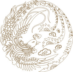 Vector sketch, silhouette illustration, baground design, mandala ornament, floral decoration, classic vintage ethnic Chinese traditional phoenix bird