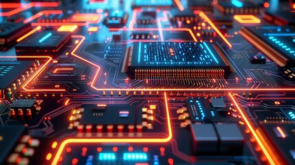 Obraz premium Vibrant close-up of a futuristic circuit board, showcasing intricate patterns and glowing pathways in a technology environment.