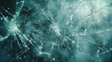 Close-up view of shattered glass with intricate cracks and reflections in soft lighting