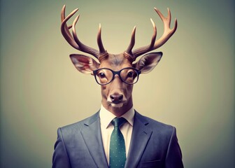 Stylish deer in hipster glasses and business suit poses confidently on pastel background, incorporating a modern twist on traditional wildlife photography, with ample copyspace.