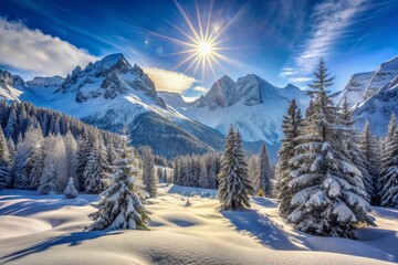 Obraz premium Majestic snow-capped mountains serve as a breathtaking backdrop for a sunny winter wonderland, showcasing a serene and peaceful landscape devoid of human presence.