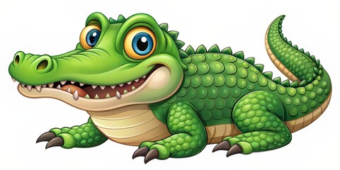 Adorable green crocodile showcases a toothy grin, sparkling eyes, and contagious happiness, ideal for kid-friendly art, games, and branding, spreading joy and playfulness everywhere.