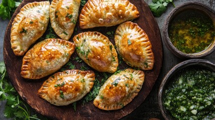 Classic Argentine empanadas filled with beef, onions, and spices, served with chimichurri sauce.