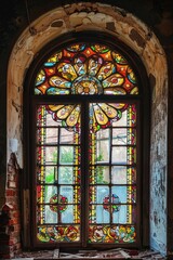Fototapeta premium Colorful stained glass window in an old, abandoned building with historical and artistic value.