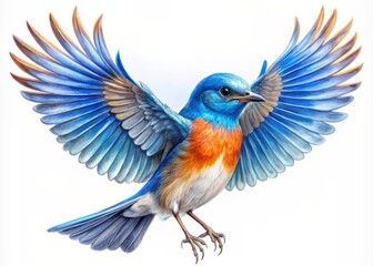 Fototapeta premium Vibrant bluebird with iridescent feathers spreads wings against a pristine white background, showcasing intricate details and textures in stunning high-definition clarity.