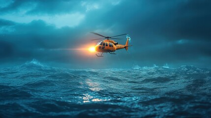 A rescue helicopter with a spotlight searching for survivors in the ocean at night, powerful beams cutting through darkness
