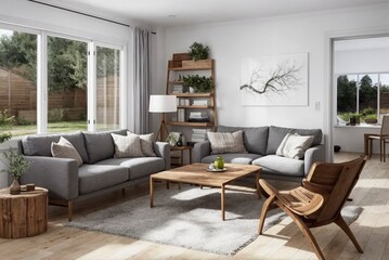 A living room with a couch, a coffee table, and a chair. The room is decorated with a lot of wood and has a cozy, warm atmosphere