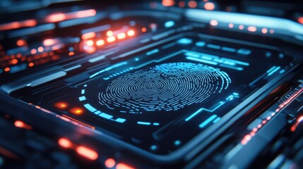 Close-up of a digital fingerprint scanner on a sleek, high-tech device with glowing elements