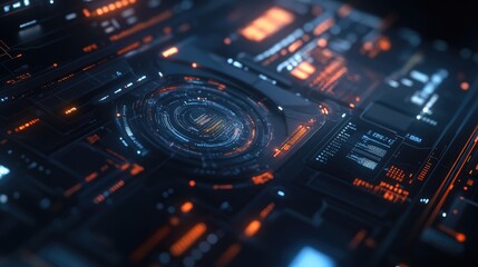 Obraz premium Close-up of a digital interface with futuristic elements and data points floating in space.