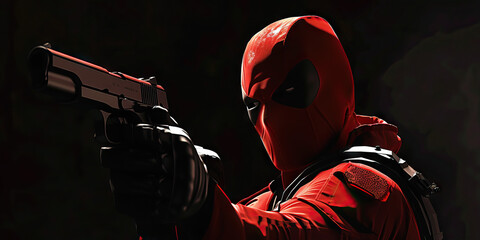 A masked vigilante stands tall in the shadows, a gun drawn and ready.