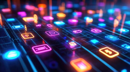Obraz premium Close-up of a digital interface with glowing icons representing various business applications.