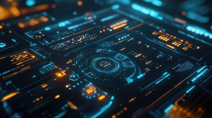 Close-up of a digital interface with futuristic elements and floating data points.