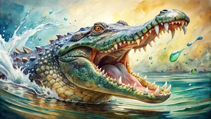 Obraz premium Vibrant watercolor illustration of a ferocious crocodile with an open mouth, revealing sharp teeth, amidst subtle ripples and gentle water splashes in the background.