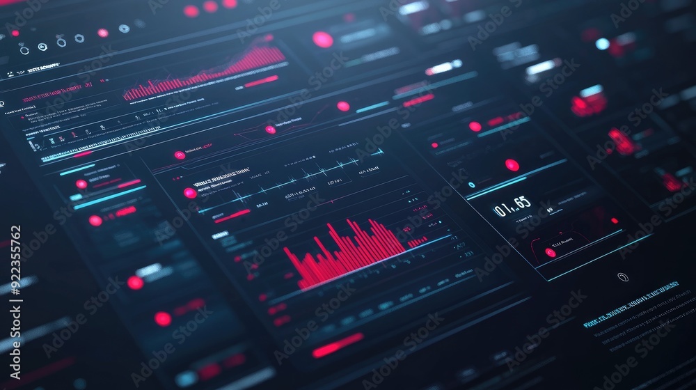 Poster close-up of a modern digital dashboard interface with charts and graphs on a dark background.
