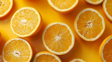 Fototapeta premium Freshly cut orange halves arranged on a yellow background