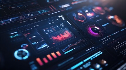Obraz premium Close-up of a modern digital dashboard interface with charts and graphs on a dark background.