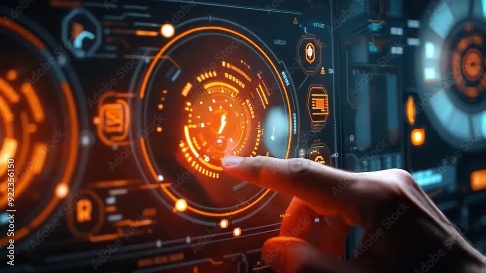 Poster a person engages with a glowing digital interface filled with intricate data and controls in a conte