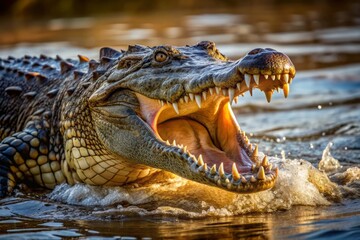 Obraz premium Fierce predatory crocodile lunges forward with massive jaws agape, razor-sharp teeth bared, in murky river waters, its scaly body partially submerged in ominous silence.