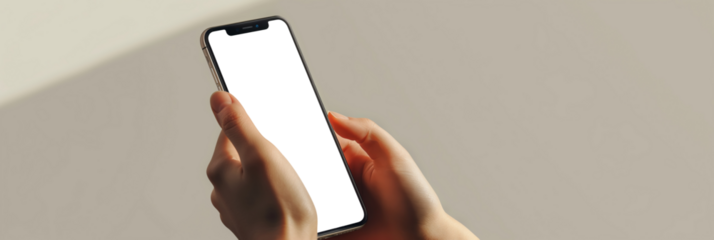 Photo of female hands with smartphone. Mock-up. Isolated screen. PNG