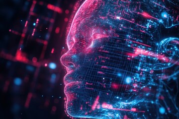 A computer generated face with a red and blue background, A futuristic and artificial appearance