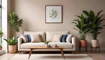 A modern living room with a beige sofa, wooden coffee table, and potted plants in the background.