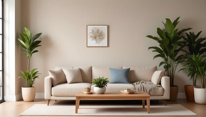 A modern living room with a beige sofa, wooden coffee table, and potted plants in the background.
