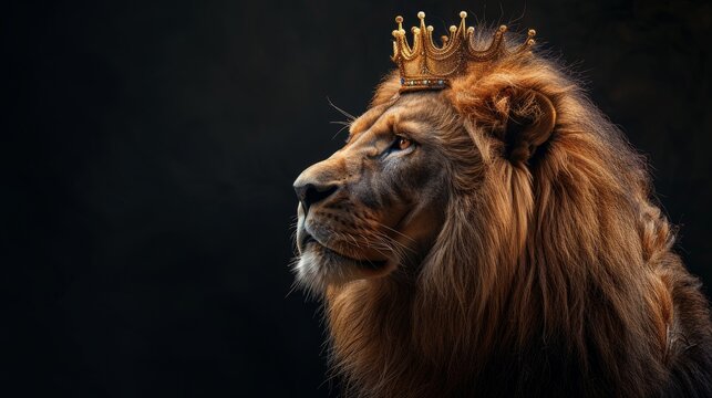 Majestic lion wearing a golden crown poses against a dark background