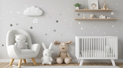 A white crib with a gray and white patterned crib sheet sits next to a white armchair with a stuffed bear on it in a nursery decorated with gray and white star decals.