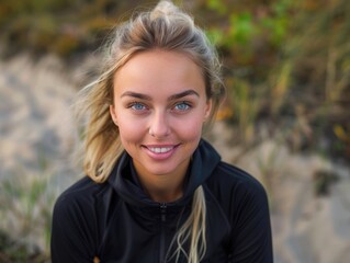 Fototapeta premium A young, blonde woman smiling at the camera wearing sportswear. She is on a beach with natural surroundings.