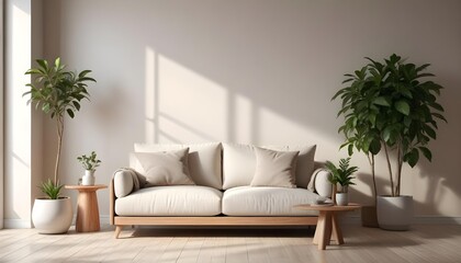 Fototapeta premium A modern living room with a beige sofa, wooden coffee table, and potted plants in the background.