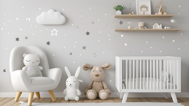 A white crib with a gray and white patterned crib sheet sits next to a white armchair with a stuffed bear on it in a nursery decorated with gray and white star decals.